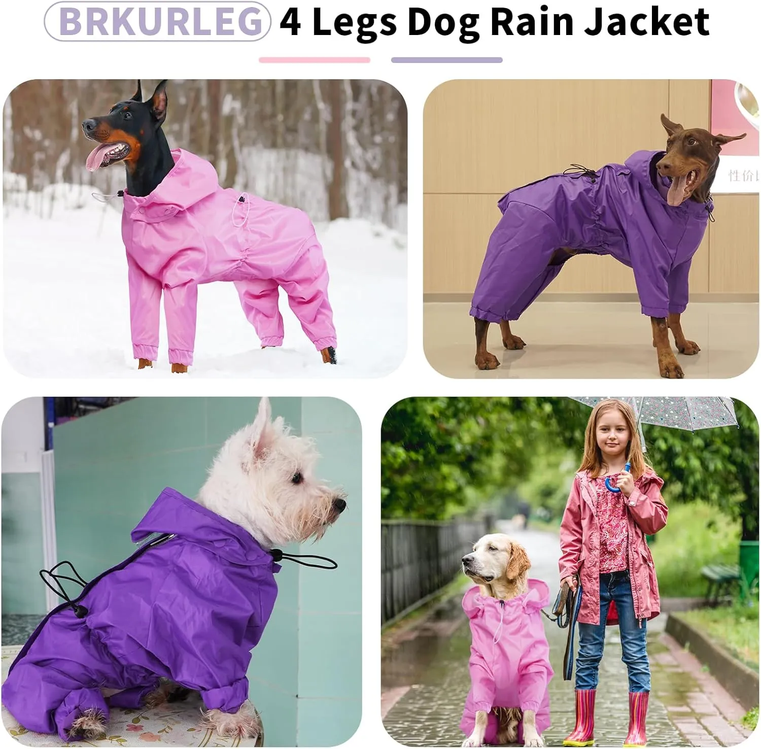BRKURLEG Dog Raincoat, 4 Legs Dog Rain Jacket for Medium Dogs, Pet Waterproof Rainproof Jacket with Leash Hole Reflective Pet Poncho Boy Girl, Lightweight Waterproof Jackets, Pink XL