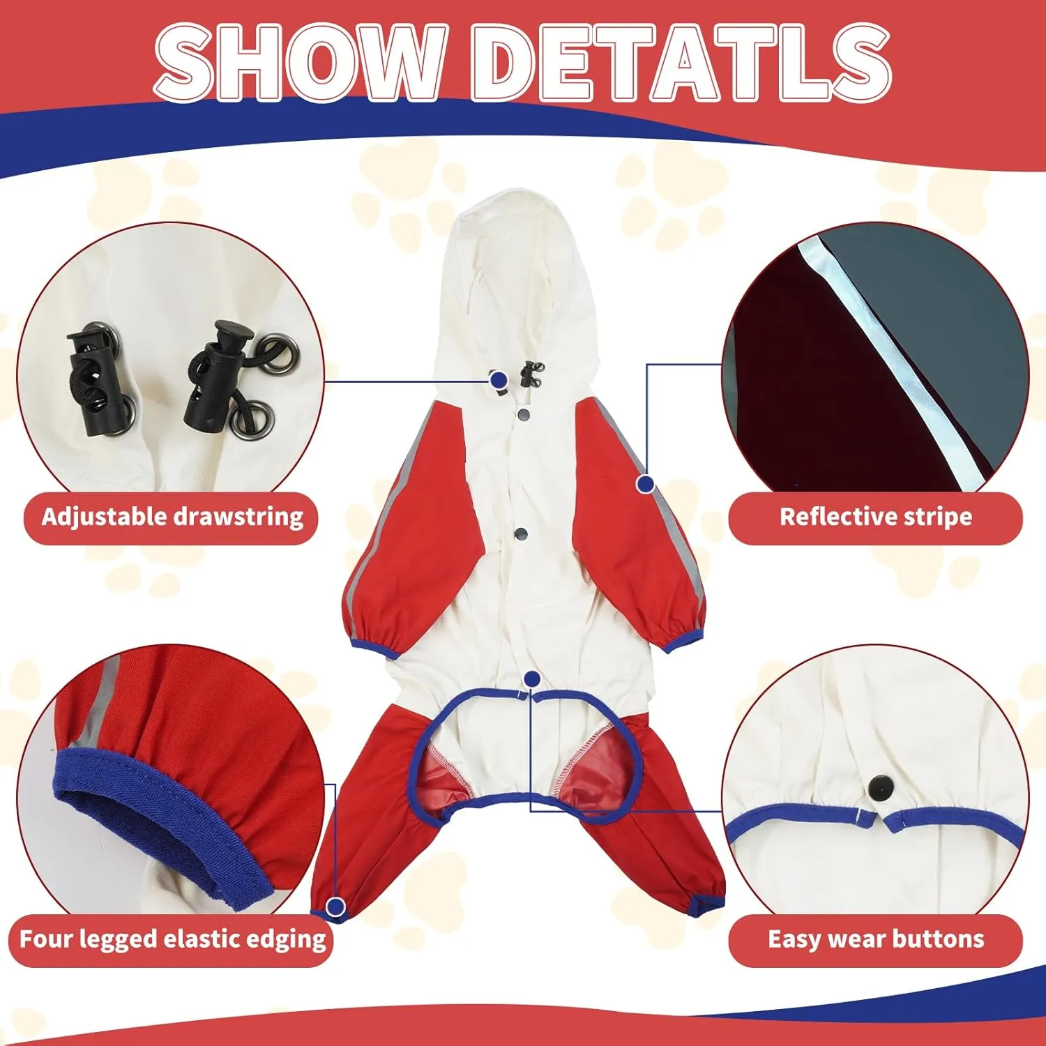BRKURLEG Dog Raincoat Reflective Pet Poncho for Small Dogs Boy Girl, Pet Waterproof Rainproof Jacket with Leash Hole, 4 Legs Dog Rain Jacket, Lightweight Waterproof Jacket, Red XL