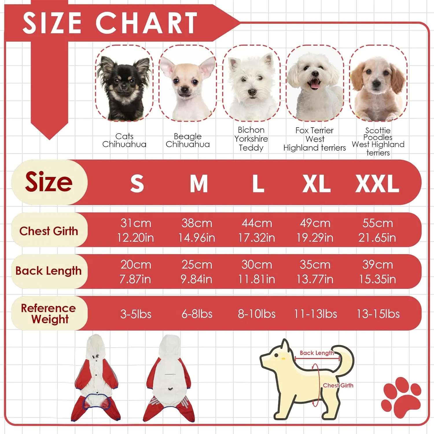 BRKURLEG Dog Raincoat Reflective Pet Poncho for Small Dogs Boy Girl, Pet Waterproof Rainproof Jacket with Leash Hole, 4 Legs Dog Rain Jacket, Lightweight Waterproof Jacket, Red XL