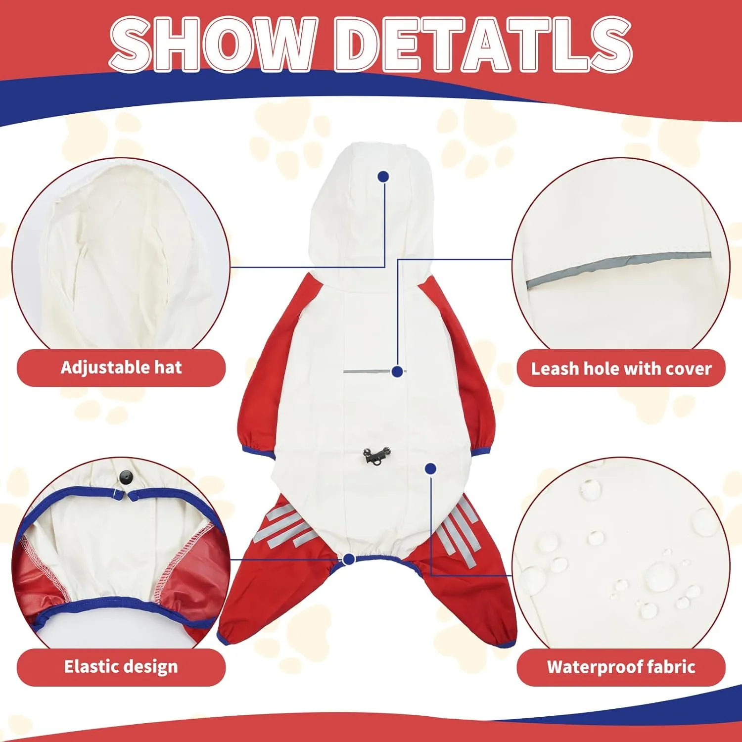 BRKURLEG Dog Raincoat Reflective Pet Poncho for Small Dogs Boy Girl, Pet Waterproof Rainproof Jacket with Leash Hole, 4 Legs Dog Rain Jacket, Lightweight Waterproof Jacket, Red XL