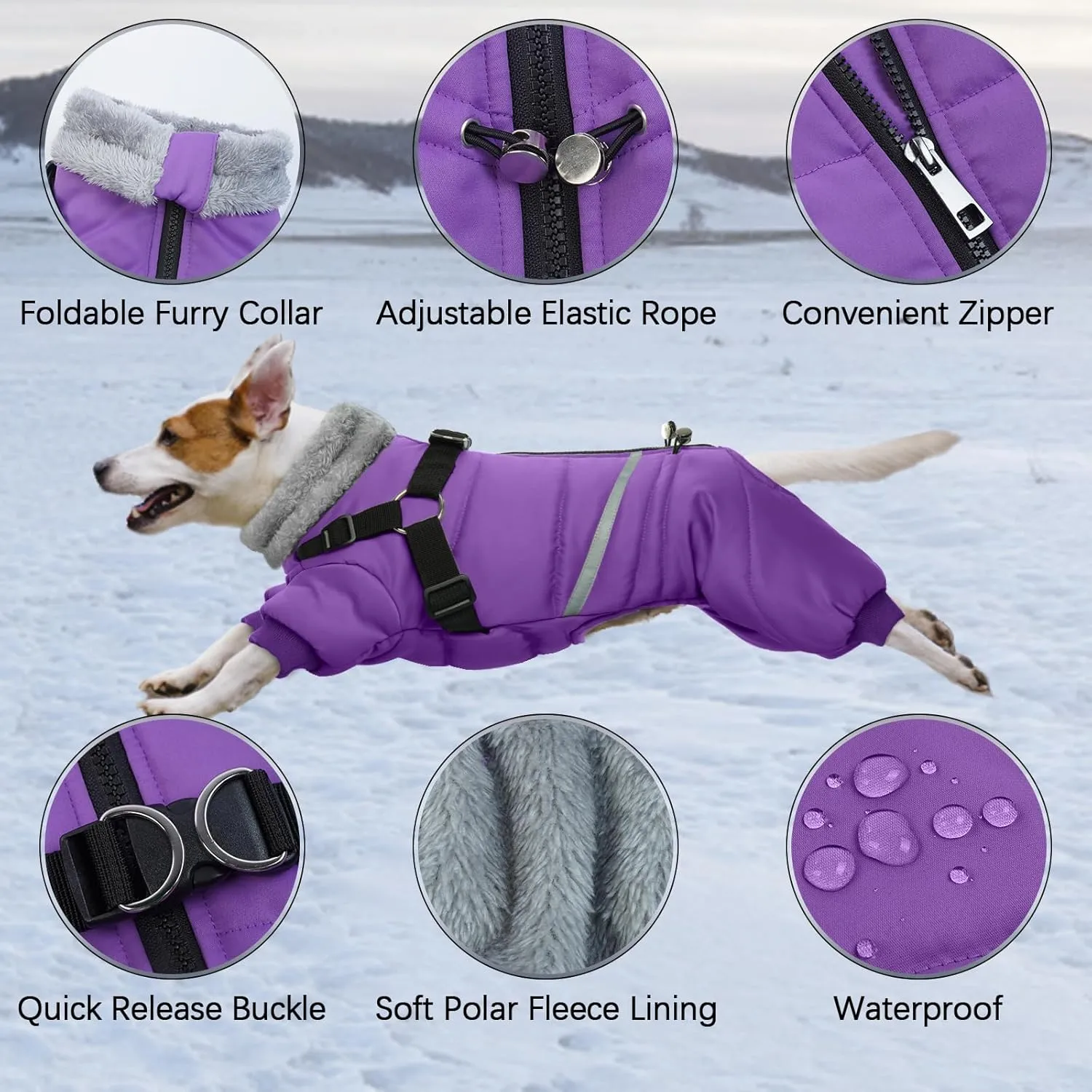 BRKURLEG Purple Dog Coat, Dog Winter Jacket with Harness, Dog Onesie Body Warm Jackets, Pet Windproof Warm Cold Weather Coats, Reflective Waterproof Cold Weather Doggy Cozy Jacket Hiking L