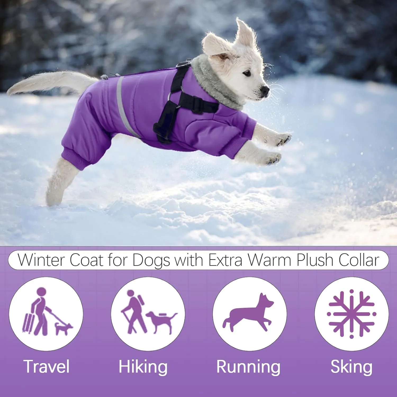 BRKURLEG Purple Dog Coat, Dog Winter Jacket with Harness, Dog Onesie Body Warm Jackets, Pet Windproof Warm Cold Weather Coats, Reflective Waterproof Cold Weather Doggy Cozy Jacket Hiking L