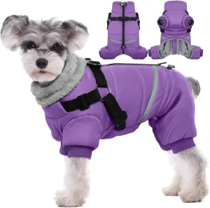 BRKURLEG Purple Dog Coat, Dog Winter Jacket with Harness, Dog Onesie Body Warm Jackets, Pet Windproof Warm Cold Weather Coats, Reflective Waterproof Cold Weather Doggy Cozy Jacket Hiking L