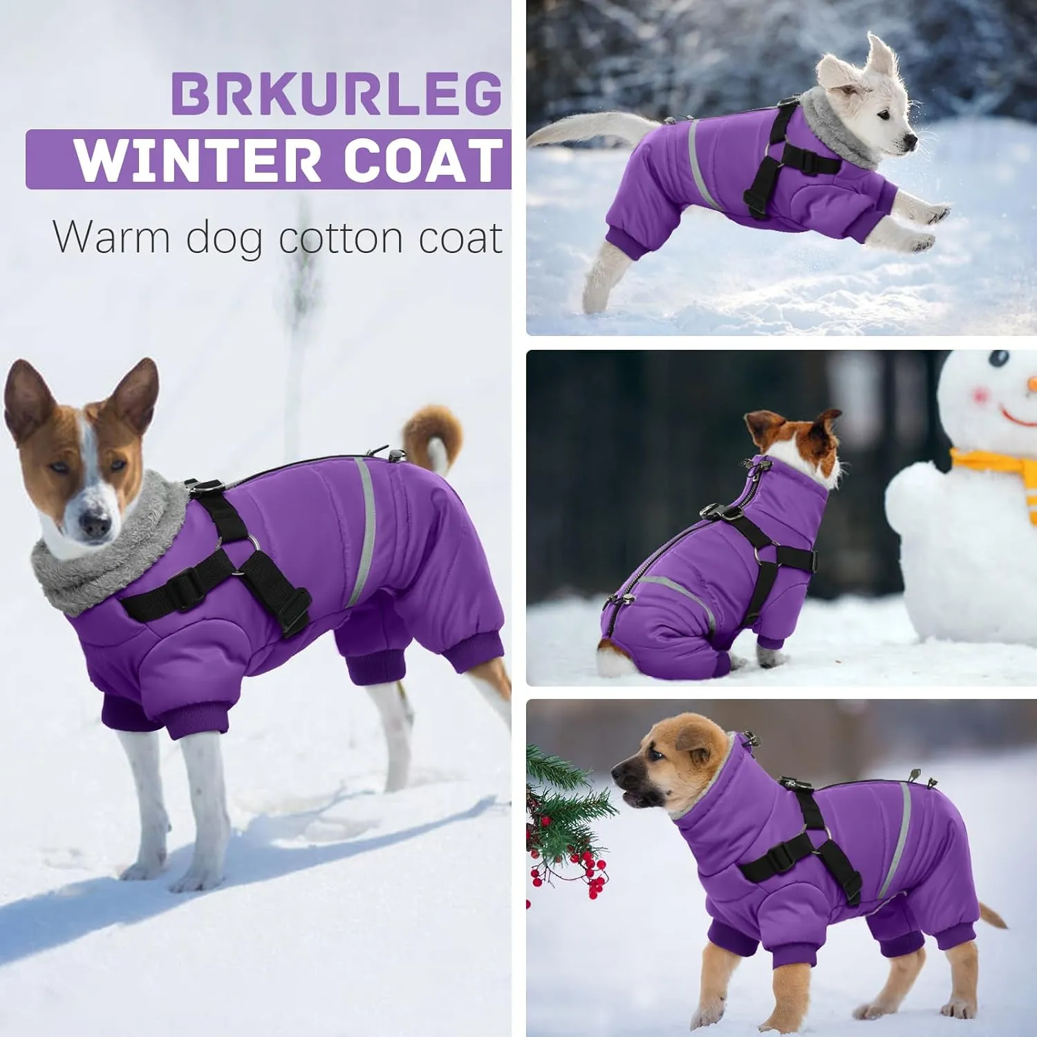 BRKURLEG Purple Dog Coat, Dog Winter Jacket with Harness, Dog Onesie Body Warm Jackets, Pet Windproof Warm Cold Weather Coats, Reflective Waterproof Cold Weather Doggy Cozy Jacket Hiking L