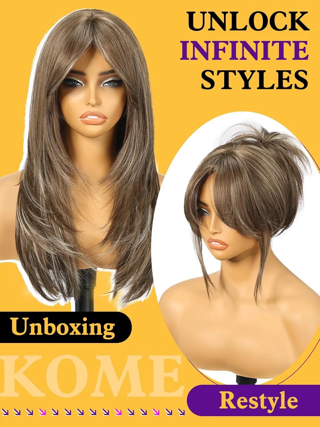 Brown Highlight Long Layered Straight Wig with Curtain Bangs for Women,Synthetic Heat Resistant Natural Looking Hair Wig for Party Cosplay Dality Use 24IN