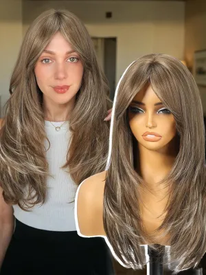 Brown Highlight Long Layered Straight Wig with Curtain Bangs for Women,Synthetic Heat Resistant Natural Looking Hair Wig for Party Cosplay Dality Use 24IN