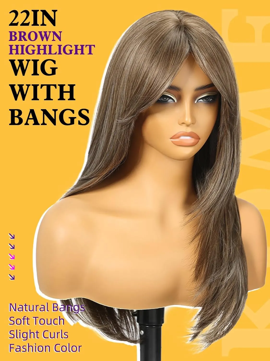 Brown Highlight Long Layered Straight Wig with Curtain Bangs for Women,Synthetic Heat Resistant Natural Looking Hair Wig for Party Cosplay Dality Use 24IN