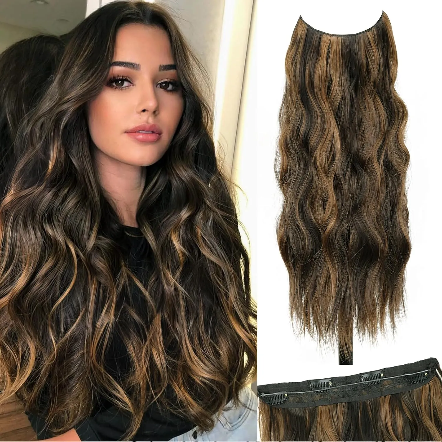 Brown with Chestnut Highlight Halo Hair Extensions Invisible Wire long Wavy Synthetic Hairpiece with 4 Secure Clips for Women 20 Inch Clip in Hair Extensions