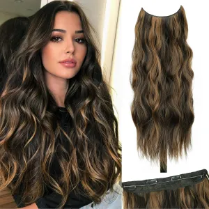 Brown with Chestnut Highlight Halo Hair Extensions Invisible Wire long Wavy Synthetic Hairpiece with 4 Secure Clips for Women 20 Inch Clip in Hair Extensions