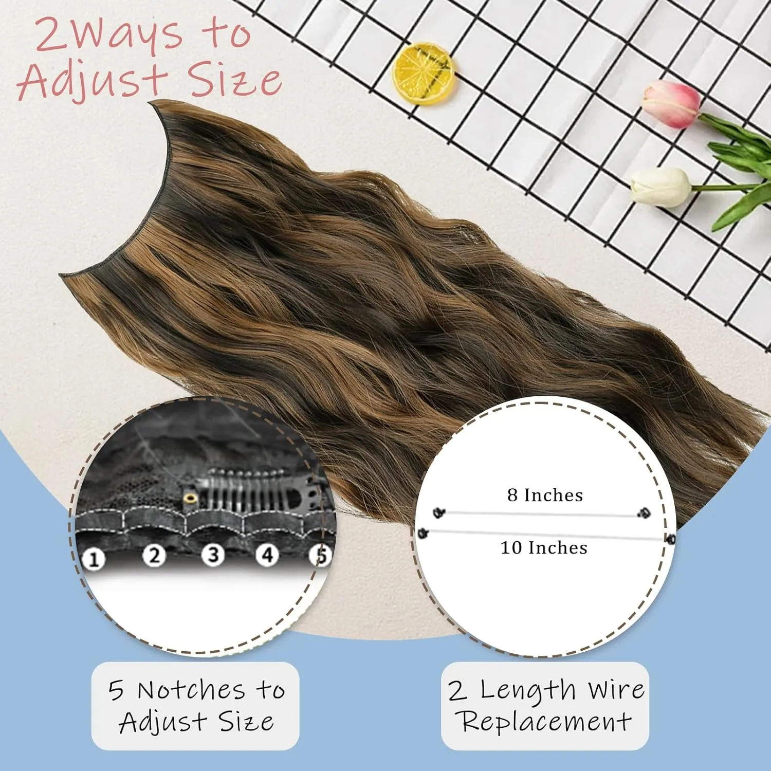 Brown with Chestnut Highlight Halo Hair Extensions Invisible Wire long Wavy Synthetic Hairpiece with 4 Secure Clips for Women 20 Inch Clip in Hair Extensions