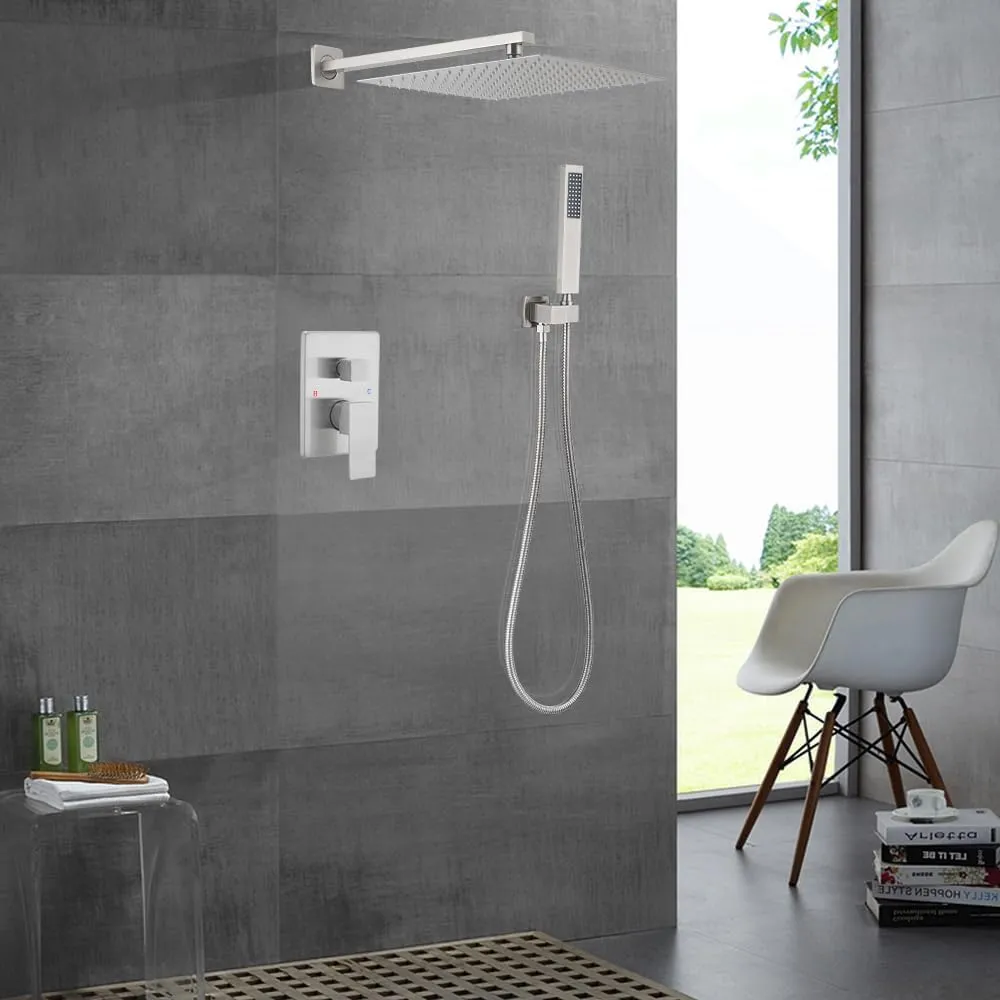 Brushed Nickel Shower System 12 Inch Bathroom Luxury Rain Mixer Shower Combo Set Wall Mounted Rainfall Shower Head and Handheld System Shower Faucet Set Rough-in Valve Body and Trim Included