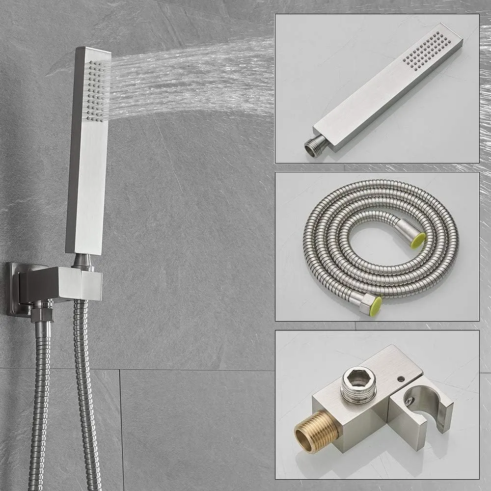 Brushed Nickel Shower System 12 Inch Bathroom Luxury Rain Mixer Shower Combo Set Wall Mounted Rainfall Shower Head and Handheld System Shower Faucet Set Rough-in Valve Body and Trim Included