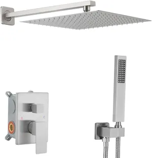 Brushed Nickel Shower System 12 Inch Bathroom Luxury Rain Mixer Shower Combo Set Wall Mounted Rainfall Shower Head and Handheld System Shower Faucet Set Rough-in Valve Body and Trim Included