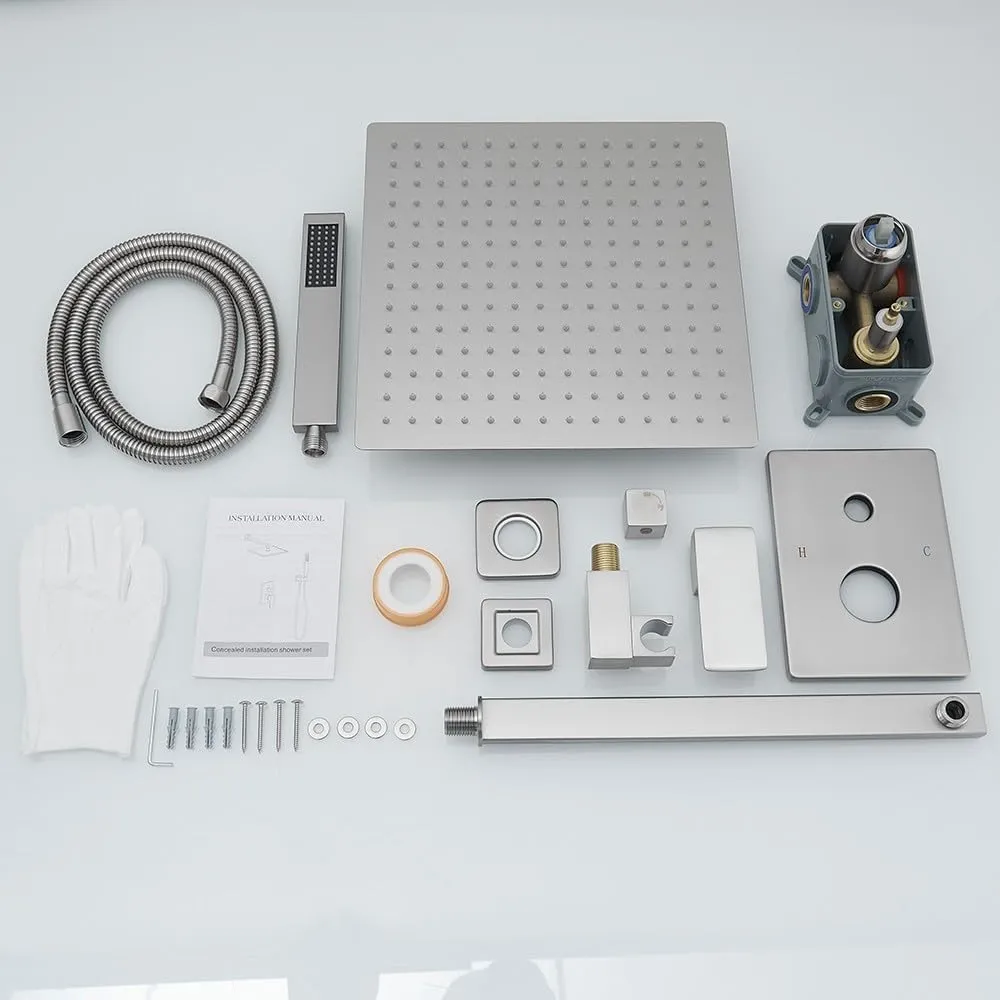Brushed Nickel Shower System 12 Inch Bathroom Luxury Rain Mixer Shower Combo Set Wall Mounted Rainfall Shower Head and Handheld System Shower Faucet Set Rough-in Valve Body and Trim Included