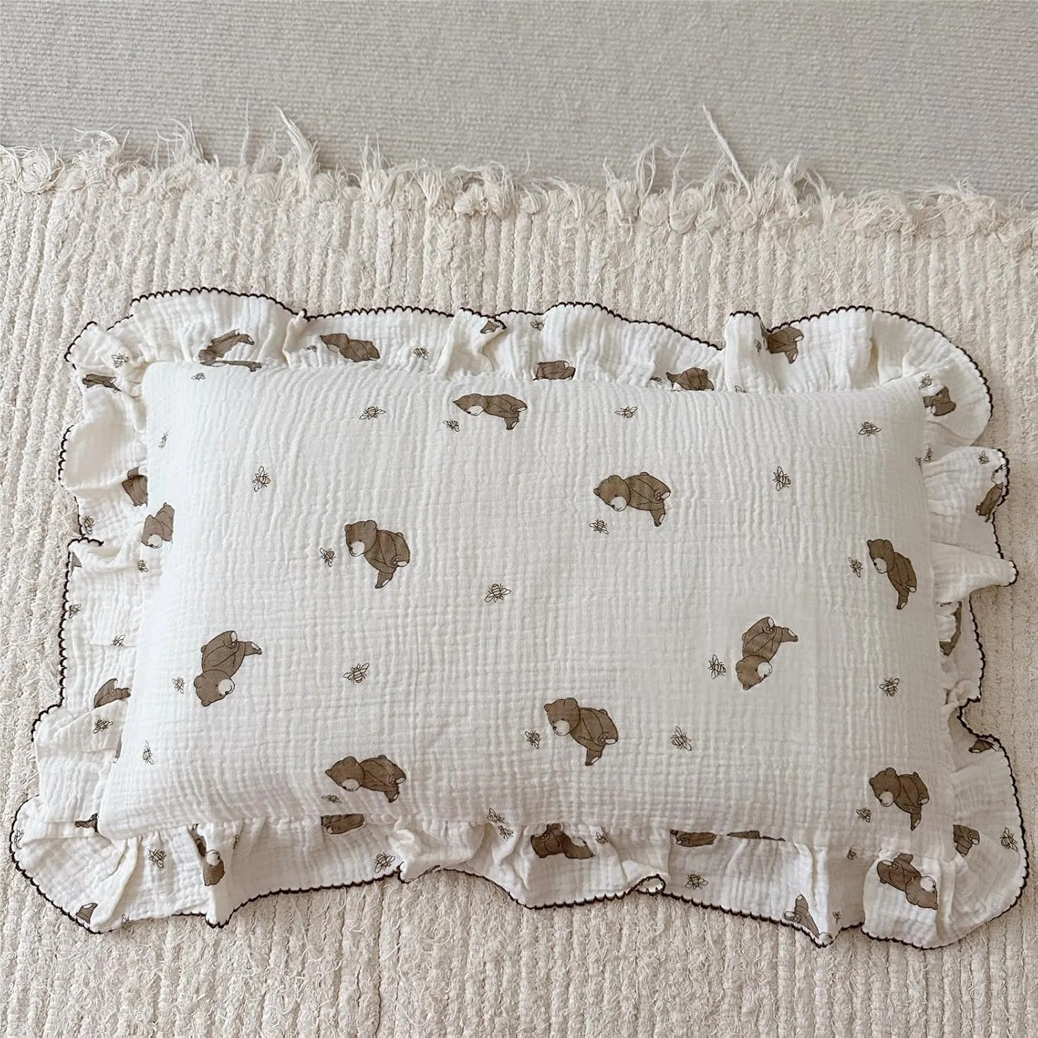 BuLuTu Cartoon Bear Muslin Pillowcase for Boys Girls Cute Animal Print Toddler Pillow Cases Soft Breathable Cotton Pillow Cover for Young Kids Bedding Nursery Decor,1 Piece, 28"x18"