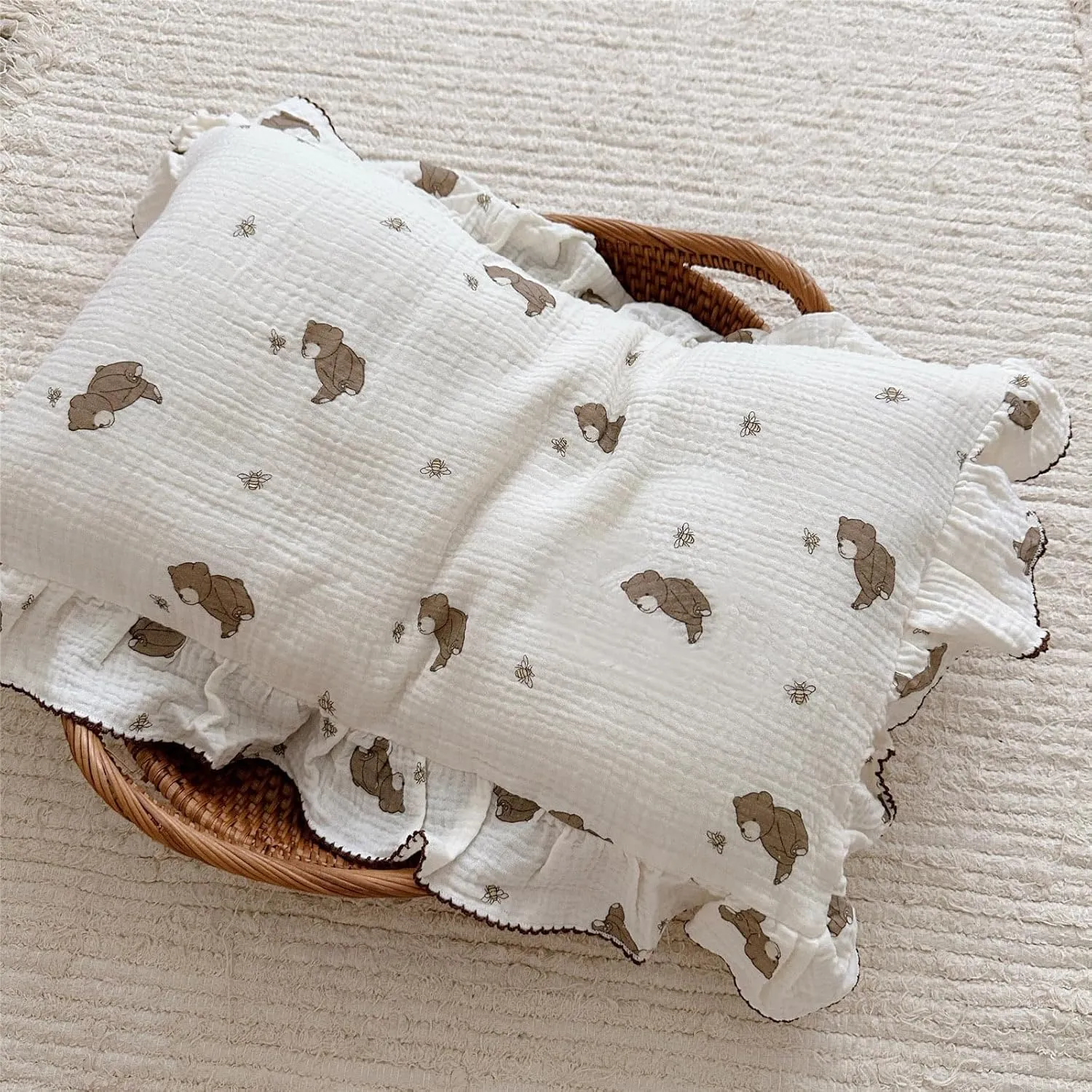 BuLuTu Cartoon Bear Muslin Pillowcase for Boys Girls Cute Animal Print Toddler Pillow Cases Soft Breathable Cotton Pillow Cover for Young Kids Bedding Nursery Decor,1 Piece, 28"x18"