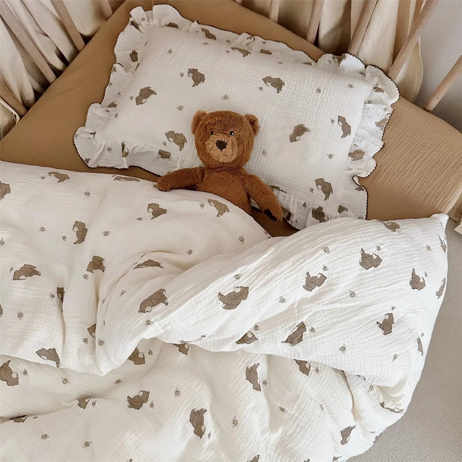 BuLuTu Cartoon Bear Muslin Pillowcase for Boys Girls Cute Animal Print Toddler Pillow Cases Soft Breathable Cotton Pillow Cover for Young Kids Bedding Nursery Decor,1 Piece, 28"x18"