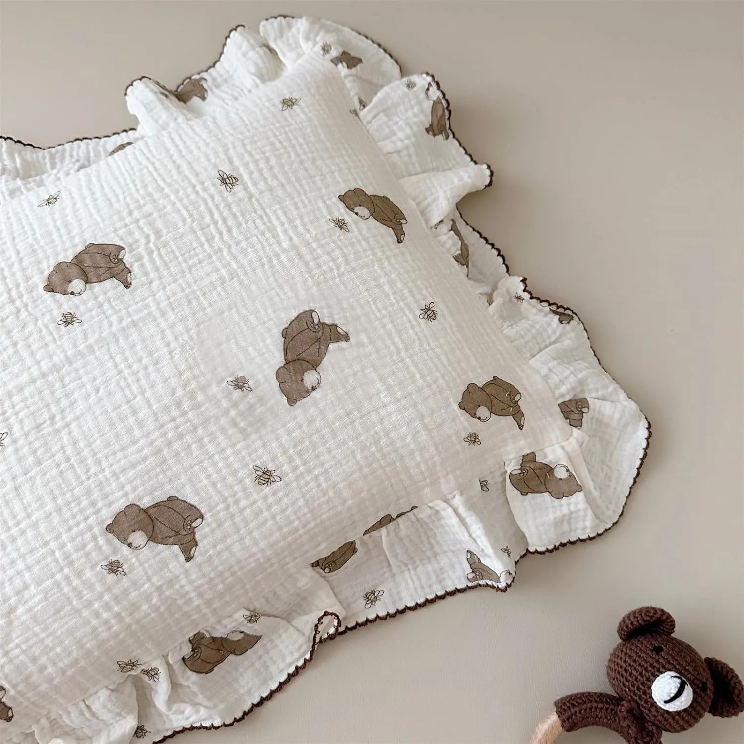 BuLuTu Cartoon Bear Muslin Pillowcase for Boys Girls Cute Animal Print Toddler Pillow Cases Soft Breathable Cotton Pillow Cover for Young Kids Bedding Nursery Decor,1 Piece, 28"x18"