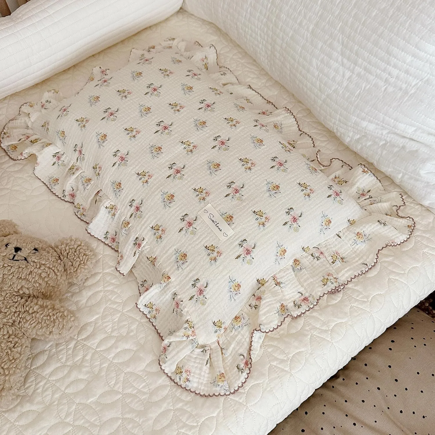 BuLuTu Cotton Muslin Kids Toddler Pillowcase with Cute Azalea Flowers Pattern Super Soft Crib Nursery Pillowcase for Boys,Girls,Bedding Decor Machine Washable, Durable Pillowcase,1 Piece,Standard
