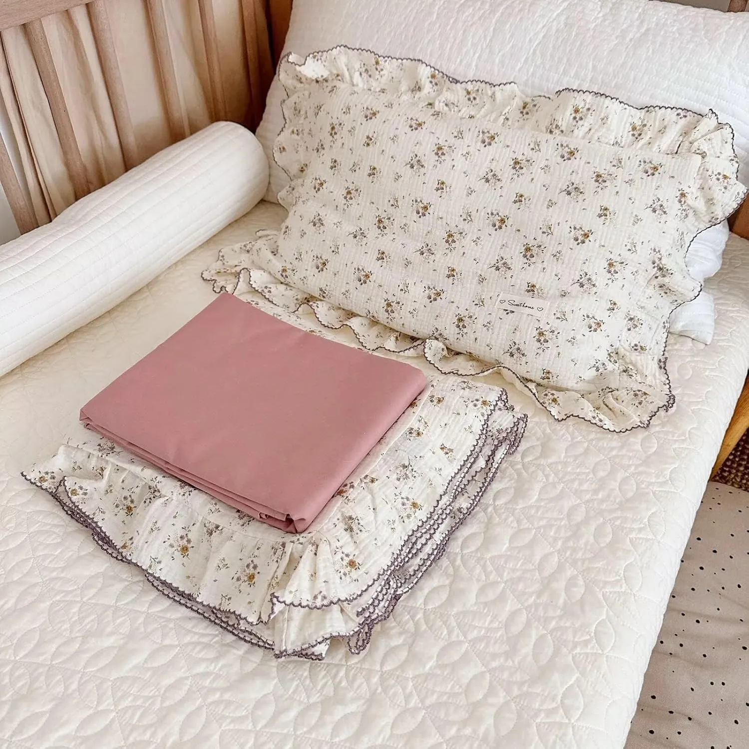 BuLuTu Shabby Chic Floral Toddler Pillow Cases Muslin Standard Size Pillowcases for Girls Kids Nursery Pillow Cover for Toddler Bed, Envelope Closure,1 Piece, Crapemyrtle Pattern, 28"x18"