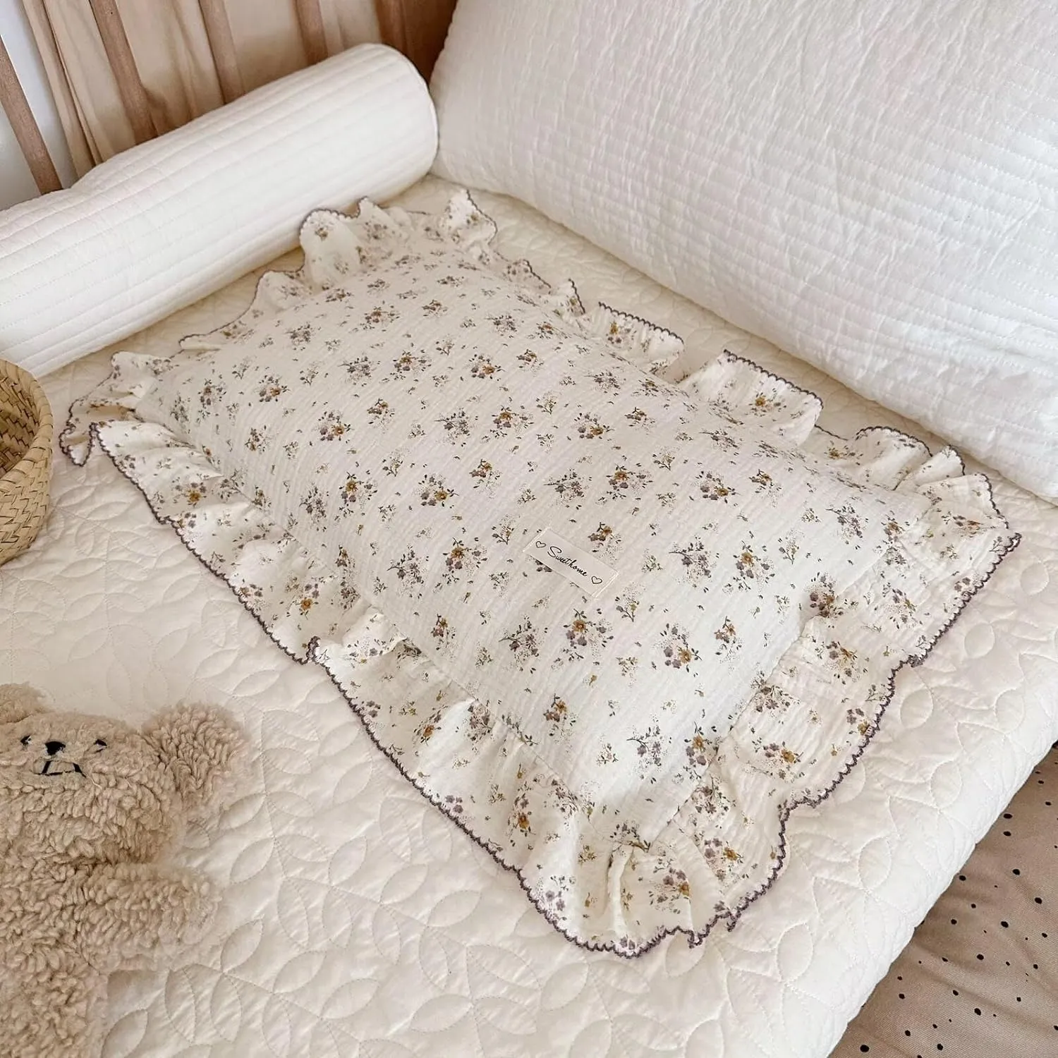 BuLuTu Shabby Chic Floral Toddler Pillow Cases Muslin Standard Size Pillowcases for Girls Kids Nursery Pillow Cover for Toddler Bed, Envelope Closure,1 Piece, Crapemyrtle Pattern, 28"x18"