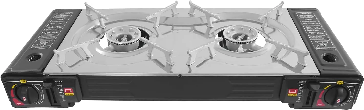 Butane Camping Stove 2 Burner, Portable Camping Stove with Case and Baking Pan, 2500W Double Auto Ignition Camping Burner Black for Outdoor Cooking, Fit for Pot Diameter Within 13.39in