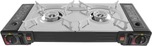 Butane Camping Stove 2 Burner, Portable Camping Stove with Case and Baking Pan, 2500W Double Auto Ignition Camping Burner Black for Outdoor Cooking, Fit for Pot Diameter Within 13.39in