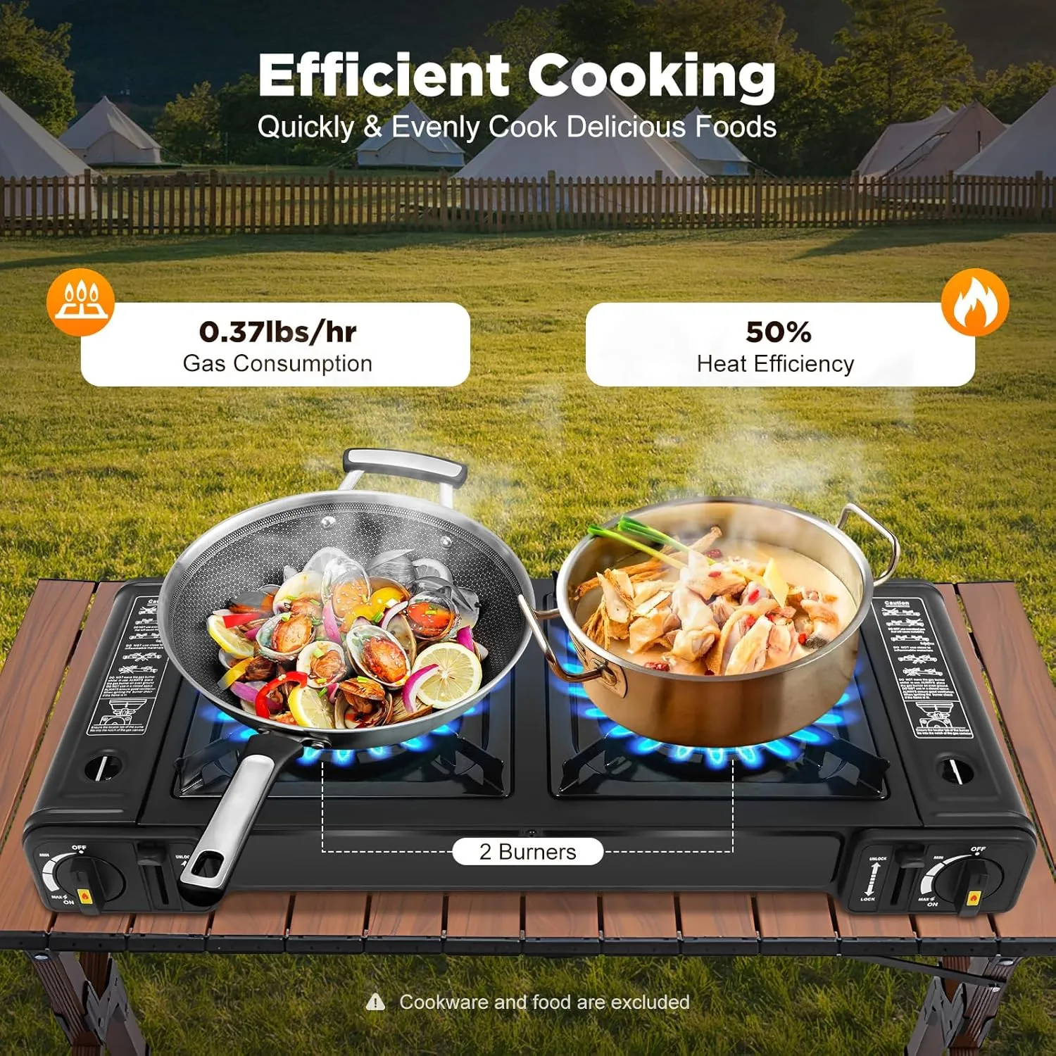Butane Camping Stove Portable Double Burner Butane Stove with Grill Tray ＆ Storage Case, Tabletop Korean BBQ Grill Outdoor Travel Camp Stove for Camping,Hiking,Picnic (NO Grill Tray)