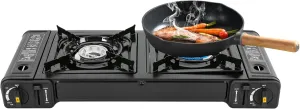 Butane Camping Stove with 2 Burners, Portable Non-stick Camping Stove with Grill Tray and Storage Case, Double Self-Ignition Camping Burner LPG for Motorhome, Apartments, Outdoor