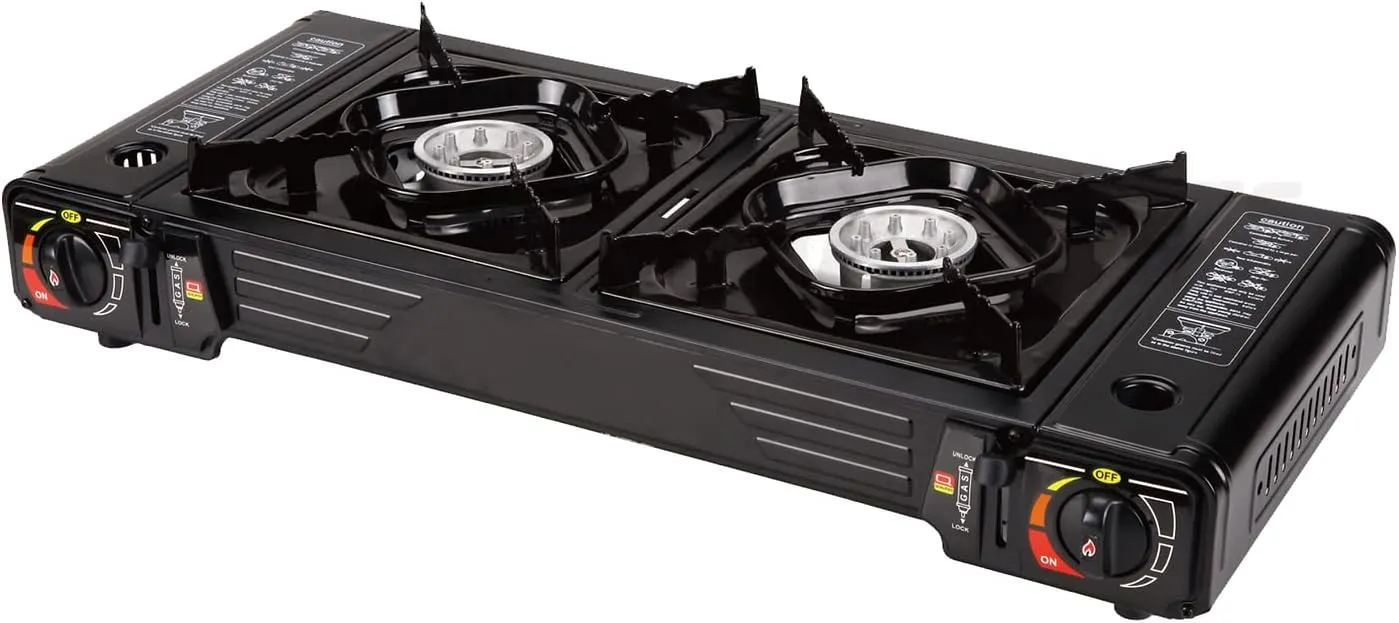 Butane Gas Stove Double Burner 16,000 Total BTU - Outdoor Camping Cookouts Tailgating Barbeque