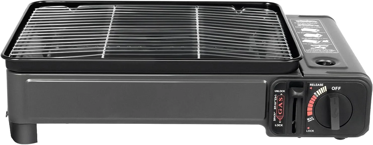 Butane Grill Stove, Portable Camping Grill Gas Stove with Baking Sheet & Grilling Net, Free Standing BBQ Roasting Grill Stove for Camping, BBQ, Gathering, Outdoor Cooking, Easy To Carry