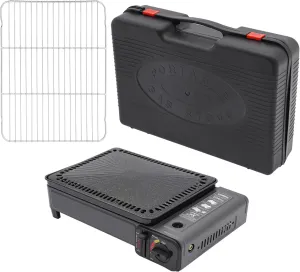 Butane Stove, Portable Camping Grill Gas Stove with Grilling Net & Carry Case, Free Standing BBQ Grill Precise Temperature Control, Gas Grill for Outdoor Cooking, Camping & More