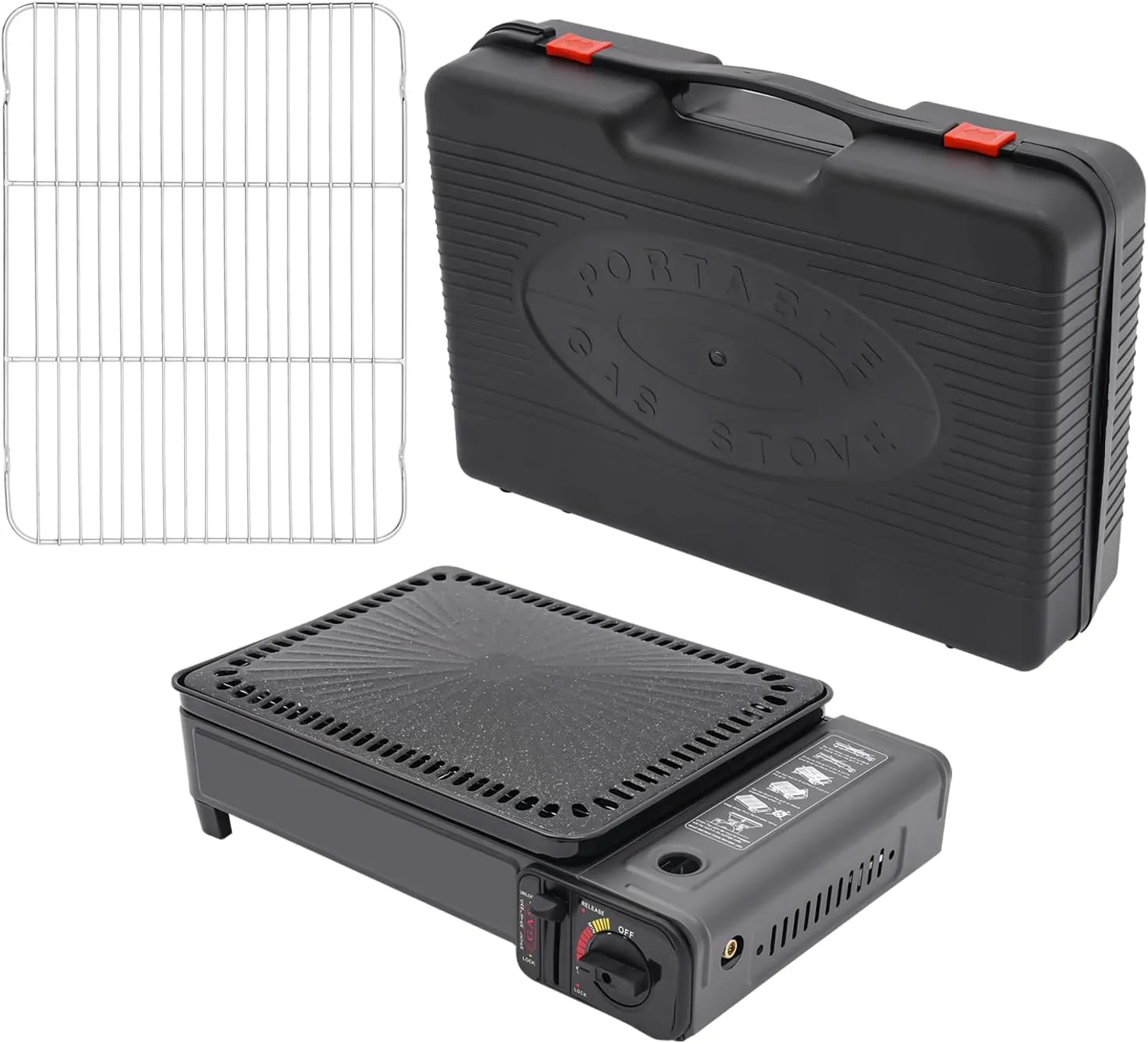 Butane Stove, Portable Camping Grill Gas Stove with Grilling Net & Carry Case, Free Standing BBQ Grill Precise Temperature Control, Gas Grill for Outdoor Cooking, Camping & More