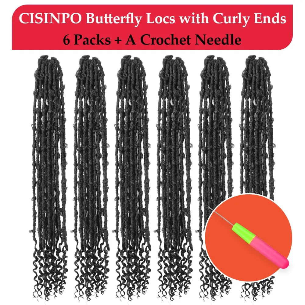 Butterfly Locs Crochet Hair with Curly Ends 30 Inch, 6 Packs Boho Distressed Locs Hair Extensions, Bohemian Goddess Faux Butterfly Braids Can be Used for Wigs (1B, Natural Black)