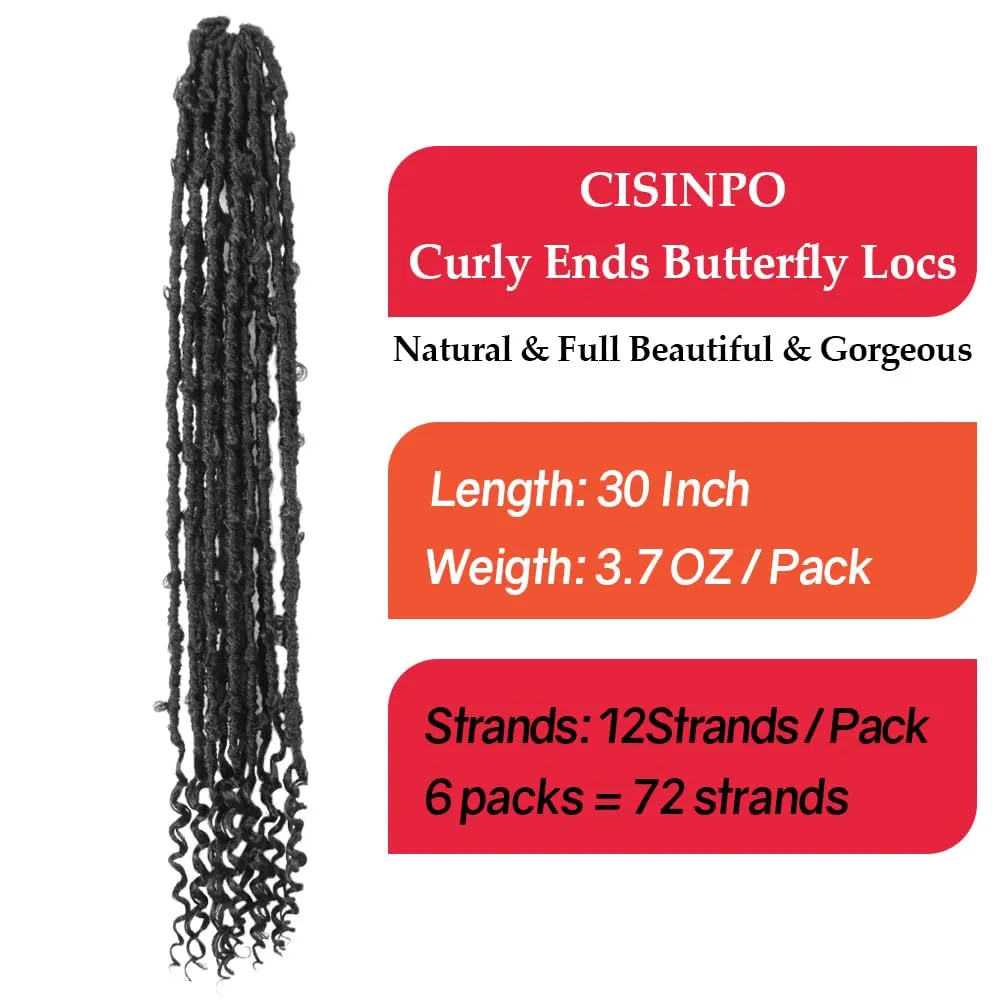 Butterfly Locs Crochet Hair with Curly Ends 30 Inch, 6 Packs Boho Distressed Locs Hair Extensions, Bohemian Goddess Faux Butterfly Braids Can be Used for Wigs (1B, Natural Black)