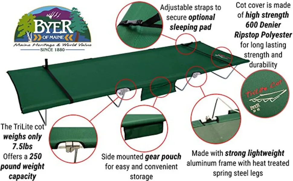 BYER OF MAINE TriLite Cot, Camping cots for Adults, Portable cot, Single