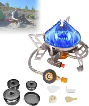 Camp Stove, Backpacking Stove Kit, 4600w Foldable, with Tableware, Suitable for a Family of 3-4 People Traveling, Hiking, Beach, Picnic