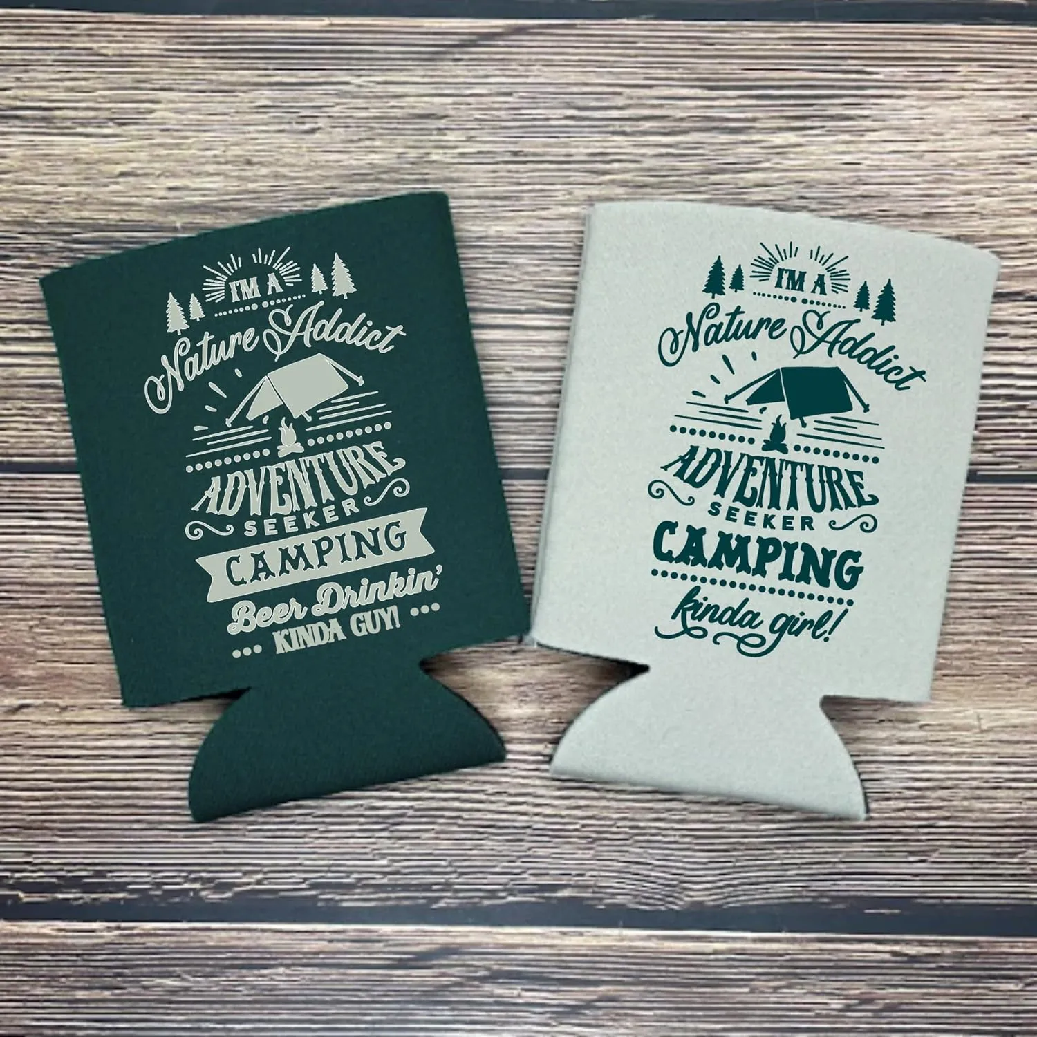 Camping Can Cooler, I'm A Nature Addict, Funny Couple Camping Trip Coolies, Camping Trip Kit and Gift Ideas, Outdoor Drink Accessory