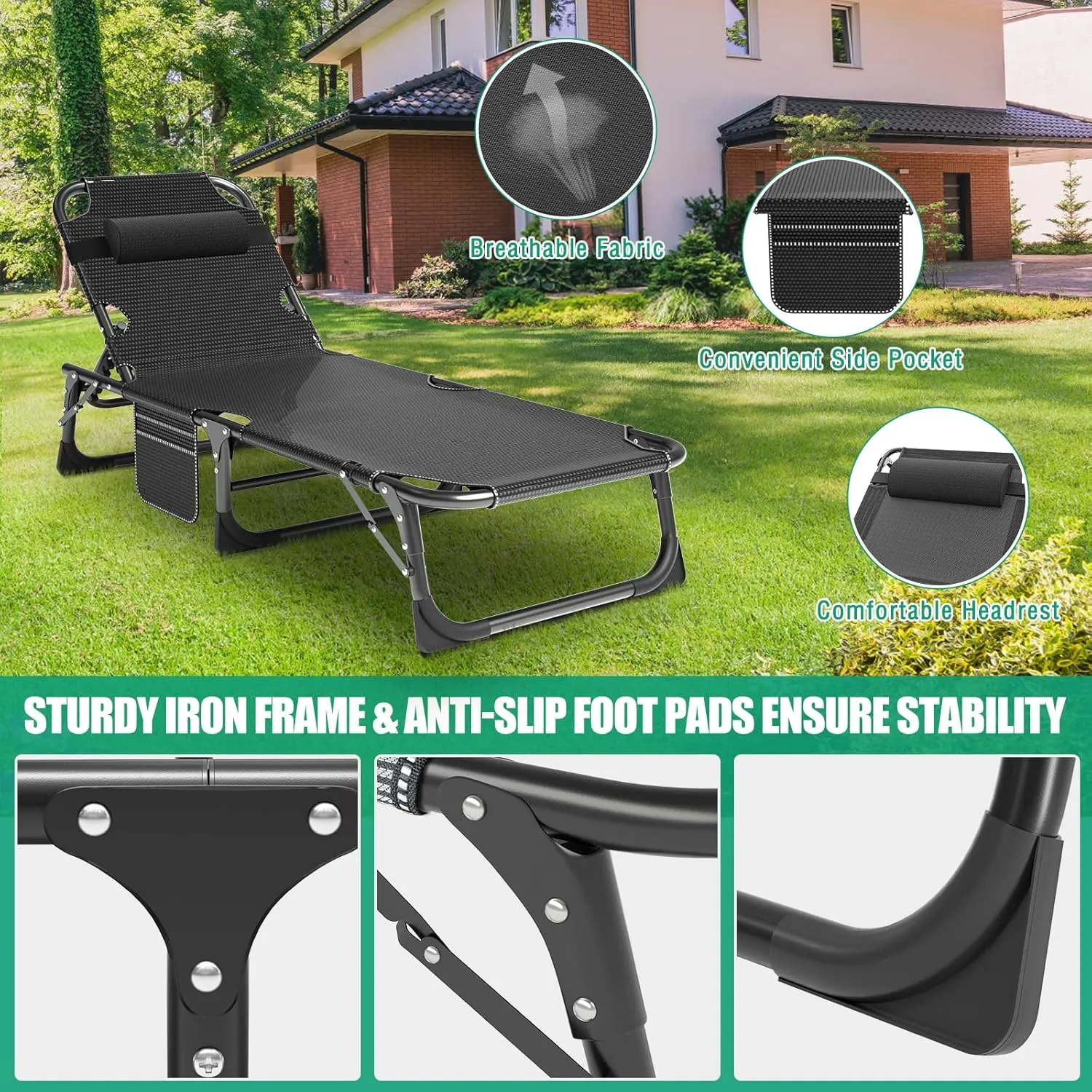 Camping Cot, Adjustable 4-Position Adults Reclining folding Chaise with Pillow, Outdoor portable Lounge Chair Sleeping Cots Bed, Perfect for Camping, Pool, Beach, Patio