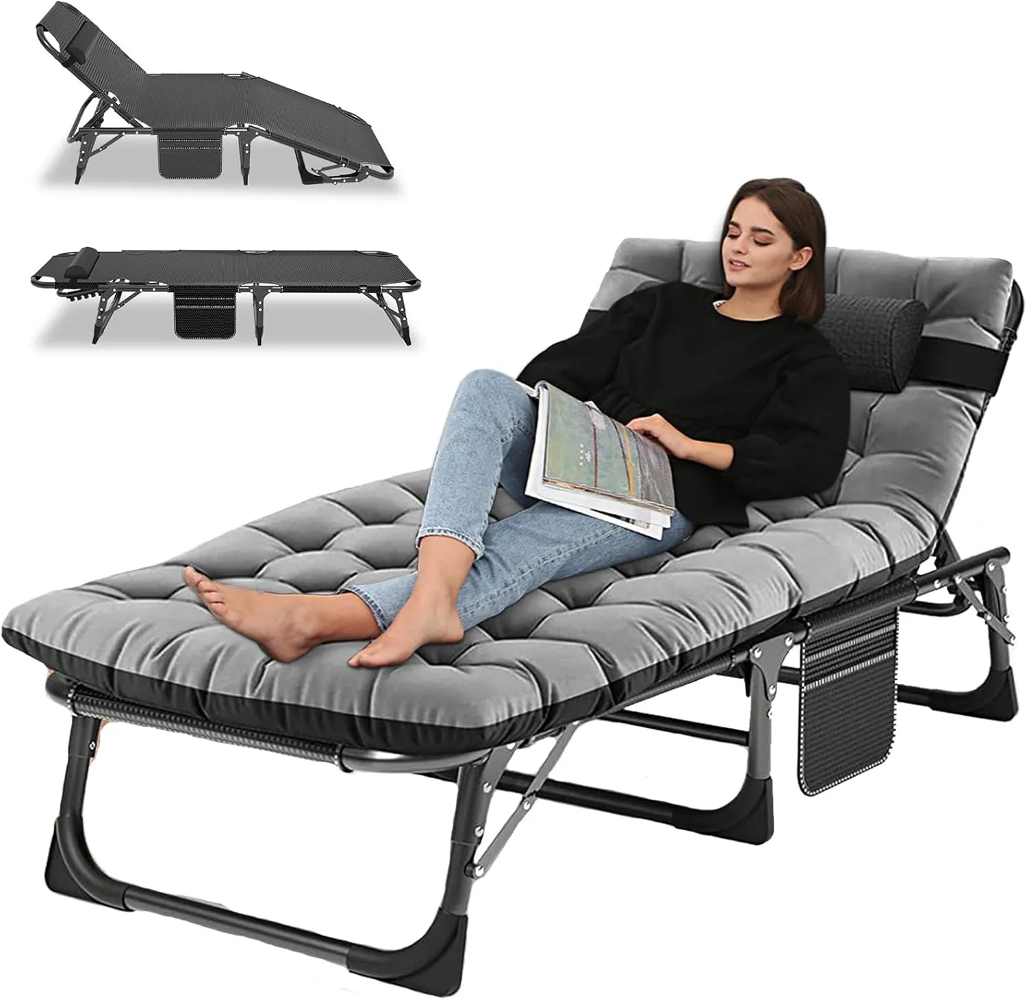 Camping Cot, Adjustable 4-Position Adults Reclining folding Chaise with Pillow, Outdoor portable Lounge Chair Sleeping Cots Bed, Perfect for Camping, Pool, Beach, Patio