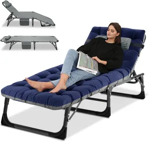 Camping Cot, Adjustable 4-Position Adults Reclining folding Chaise with Pillow, Outdoor portable Lounge Chair Sleeping Cots Bed, Perfect for Camping, Pool, Beach, Patio
