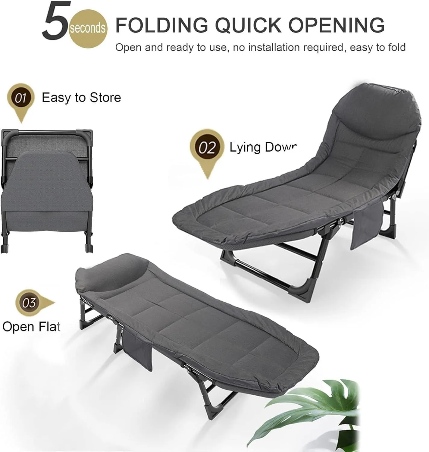 Camping Cot for Adults with Cushion, Portable Folding Camping Cot, 5-Position Folding Chaise Lounge Chairs(A)