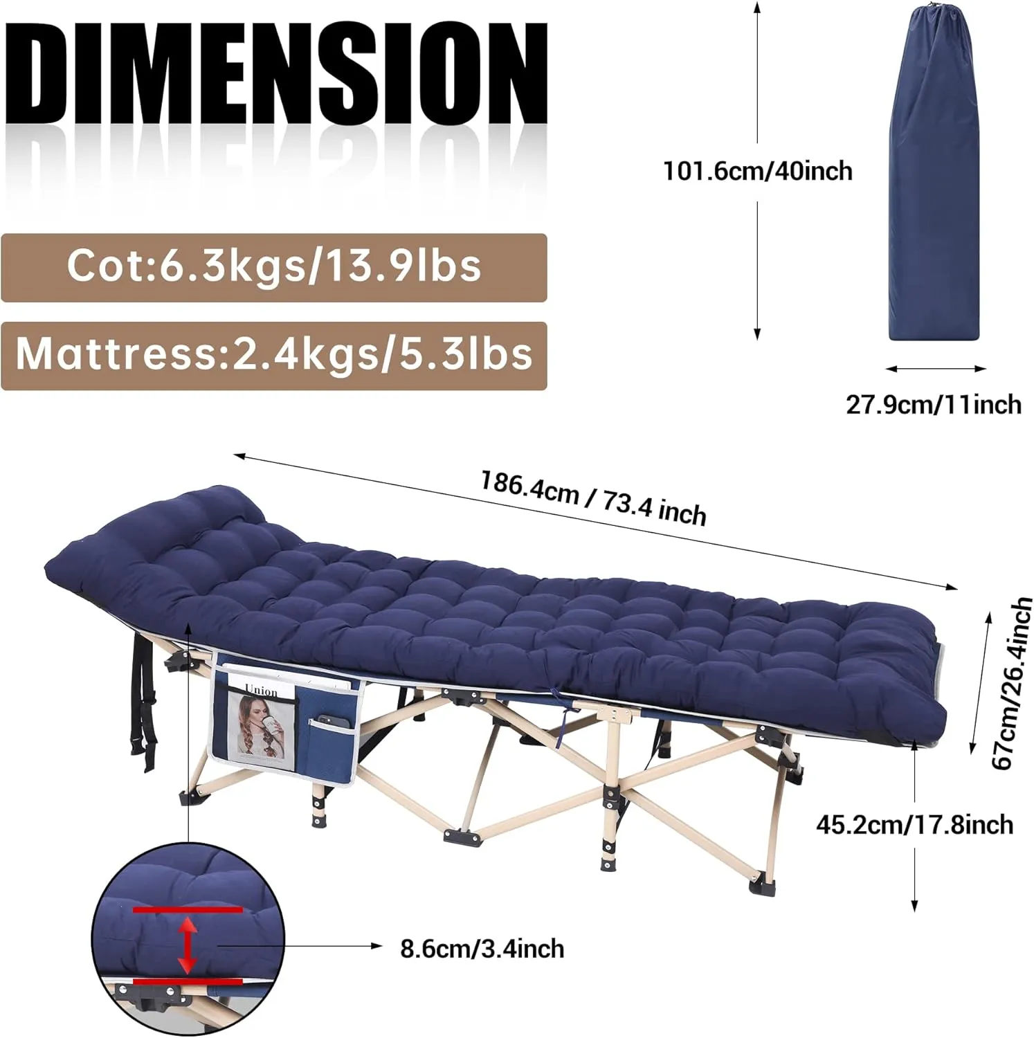 Camping Cot, Heated Camping Cot Folding Cot for Adults with Heated Mattress, Folding Bed, Carry Bag, Pillow & Side Mesh Holders Holds Weights Up to 500Lbs (Set of 1 Blue)