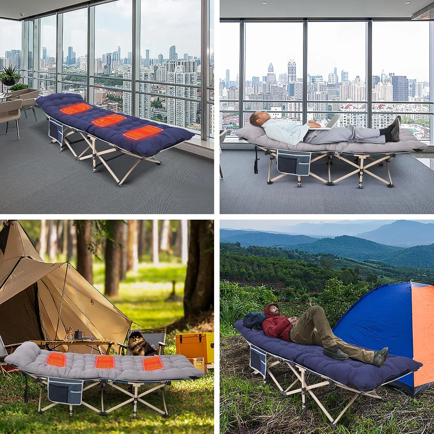 Camping Cot, Heated Camping Cot Folding Cot for Adults with Heated Mattress, Folding Bed, Carry Bag, Pillow & Side Mesh Holders Holds Weights Up to 500Lbs (Set of 1 Blue)