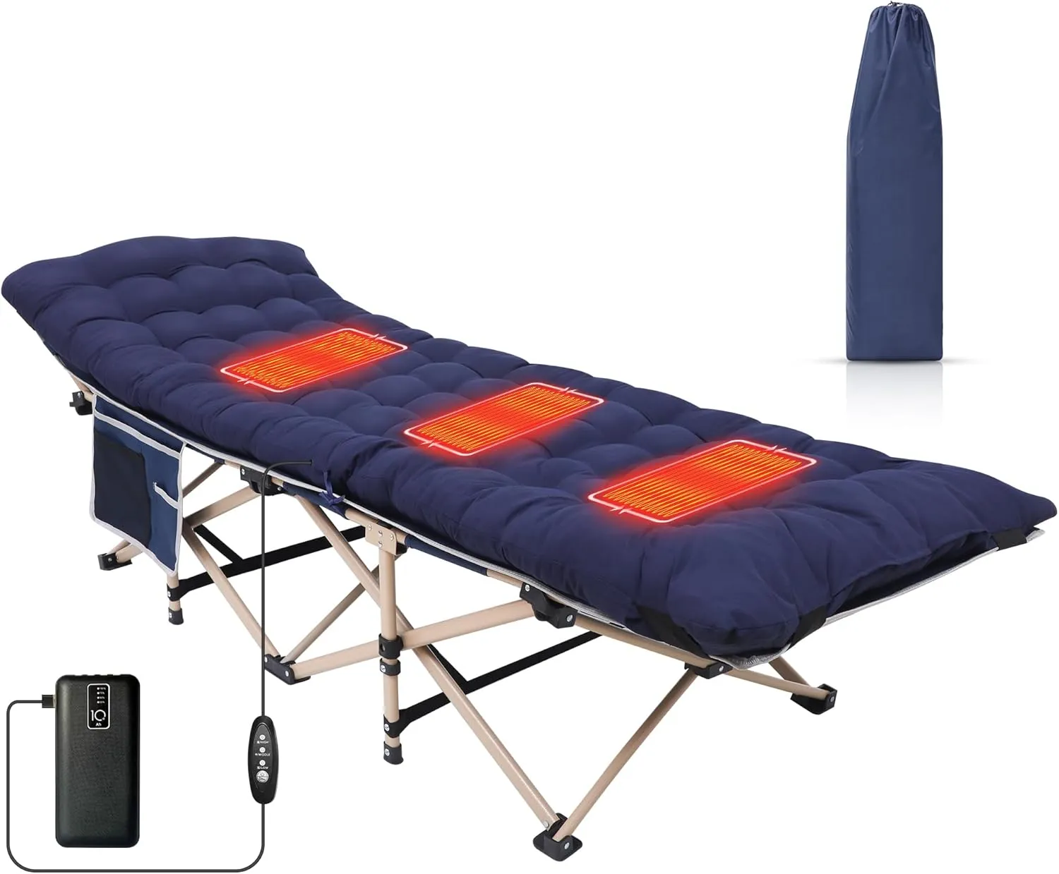 Camping Cot, Heated Camping Cot Folding Cot for Adults with Heated Mattress, Folding Bed, Carry Bag, Pillow & Side Mesh Holders Holds Weights Up to 500Lbs (Set of 1 Blue)