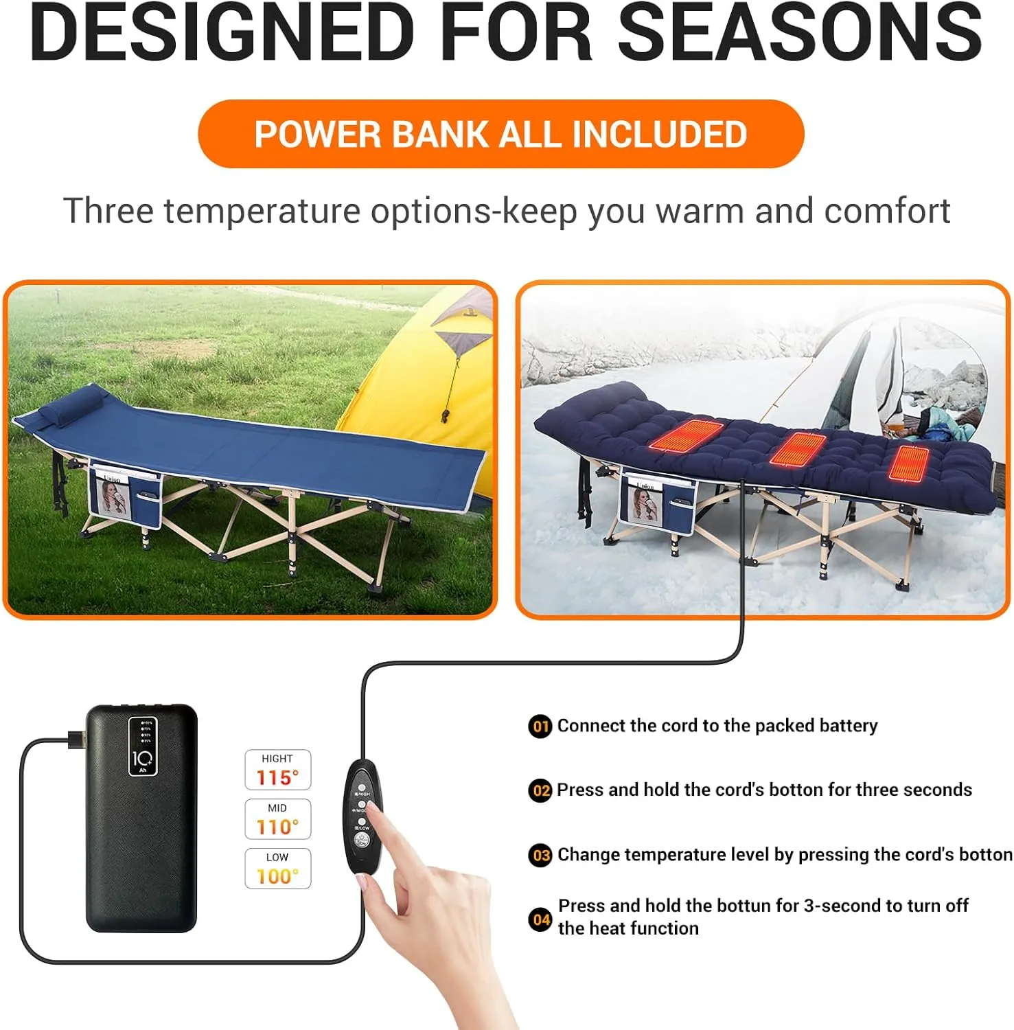 Camping Cot, Heated Camping Cot Folding Cot for Adults with Heated Mattress, Folding Bed, Carry Bag, Pillow & Side Mesh Holders Holds Weights Up to 500Lbs (Set of 1 Blue)