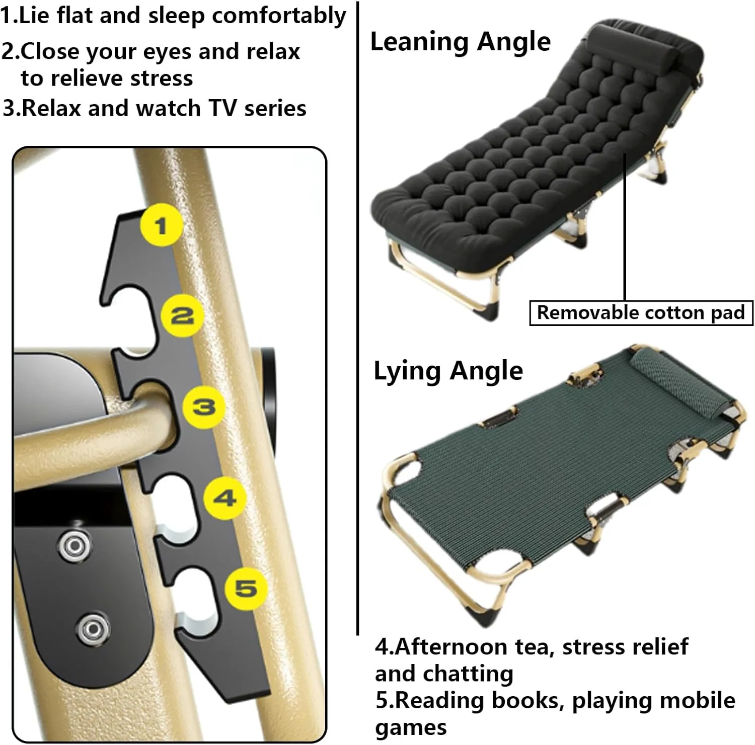 Camping Cot Portable Bed for Adults Reclining Bed Pearl Cotton Multi-Level Adjustment No Installation Foldable Suitable for Office Living Room Hospital C