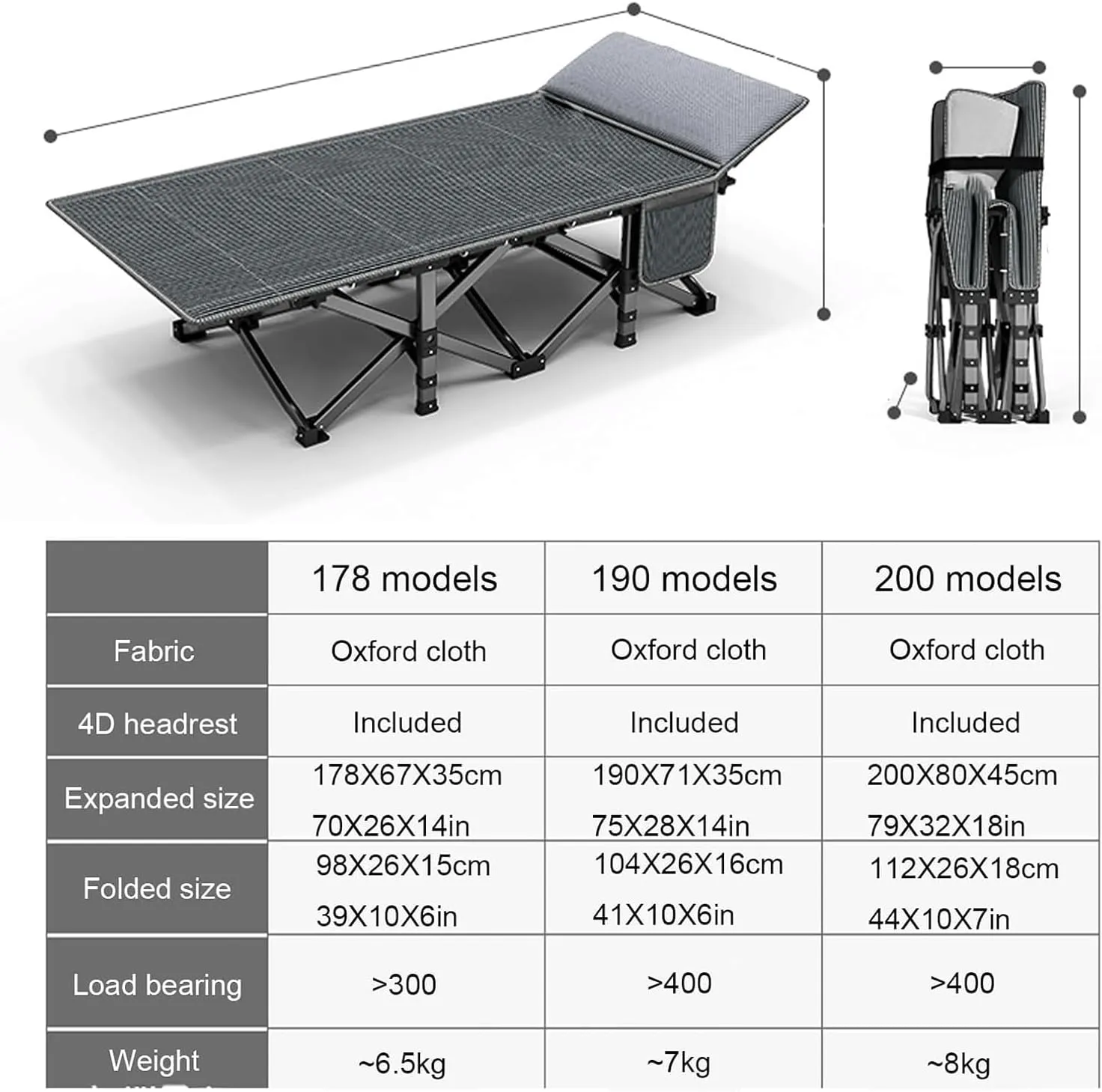 Camping Cot Striped Oxford Cloth Folding Camping Bed with 4d Pillow Sleeping Cots for Adults Load 249kg Portable Folding Bed