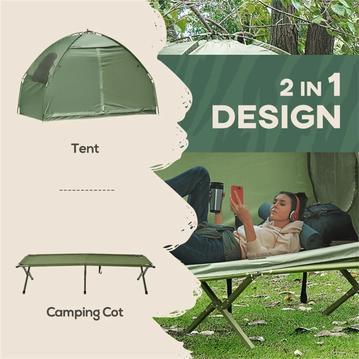 Camping Cot Tent Cot, 2/4 in 1 Folding Camping Cot, Folding Tent Cot Camping Tent Elevated Camping Bed Tent with Carrying Bag for Outdoor Hiking, Fishing, Picnic, Backpacking, Travel