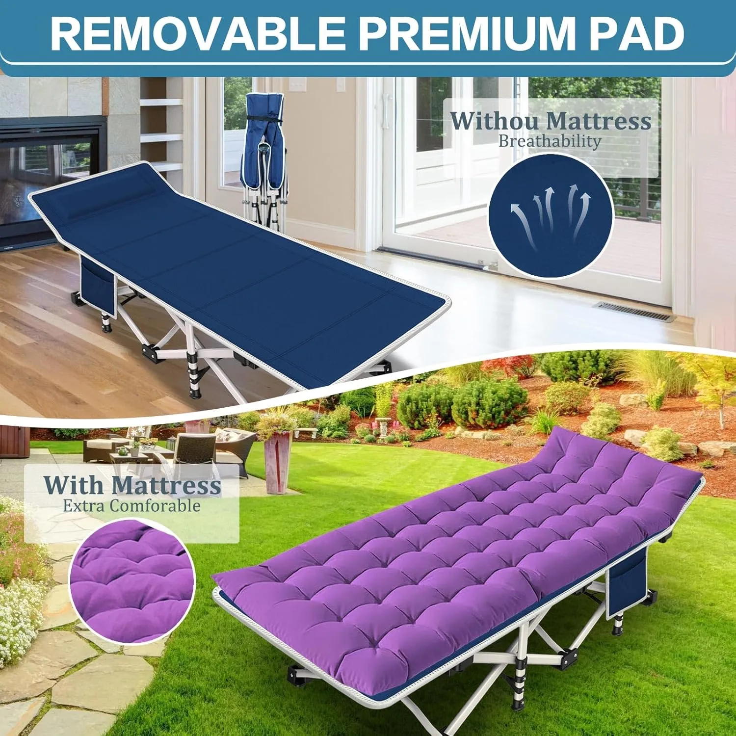 Camping Cot with Comfortable Mattress Cots for Sleeping Bed Adults Premium Fabric Camping Bed Easy Setup Folding Cot with Carry Bag for Guest Home Office Outdoor